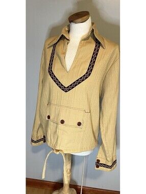 Lew Magram Vtg Western Kangaroo Pouch Shirt Unisex Xl Beige Dagger Collar Boho